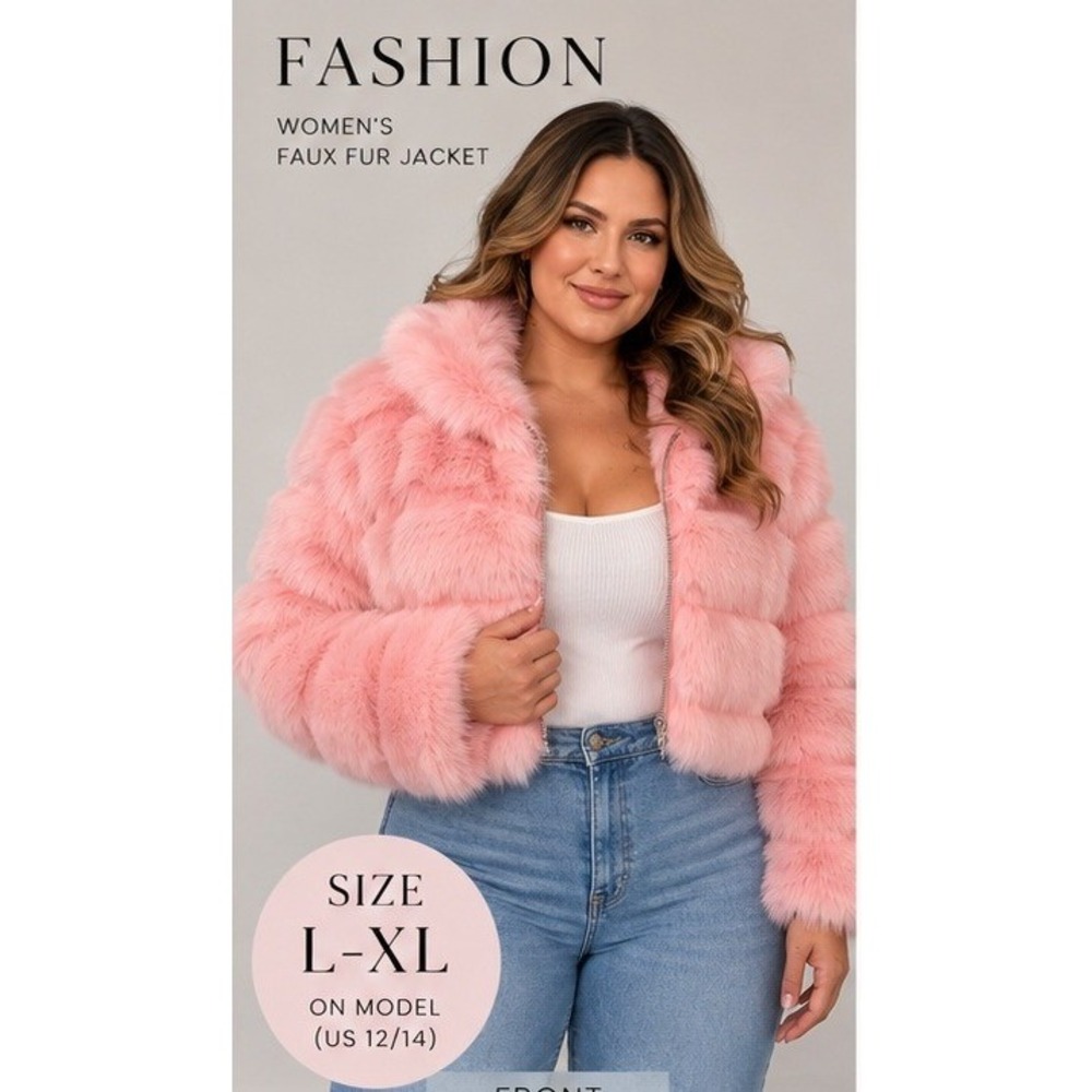 Fashion Pink Faux Fur Bubble Puffer Jacket Size L/XL Barbiecore Y2K Cropped Hood